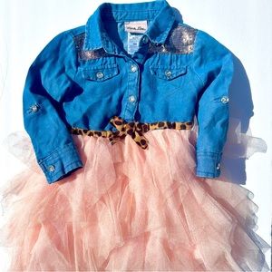 🍓Little Lass Dress Western Denim Button up Pink Tulle Skirt Rhinestone Sz18MTH